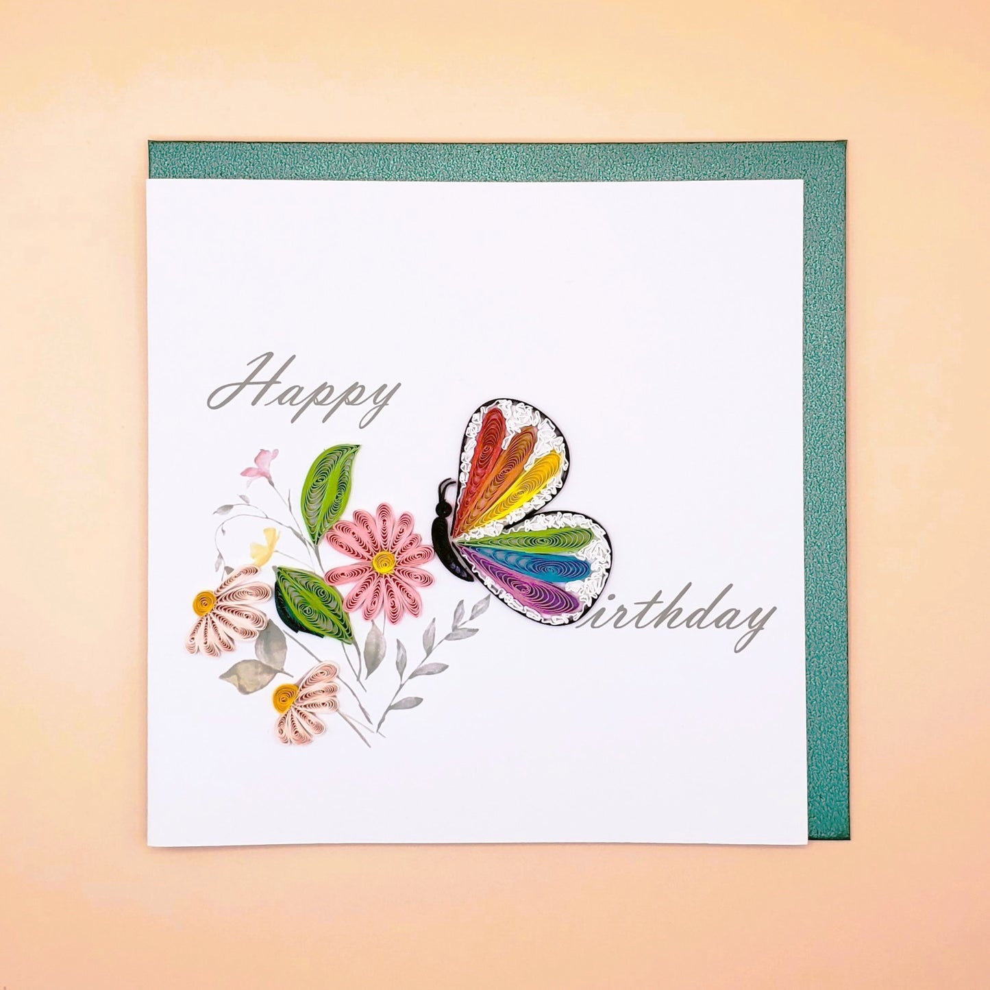 Happy Birthday - Butterfly and Flowers | Quilled Greeting Card - Handmade