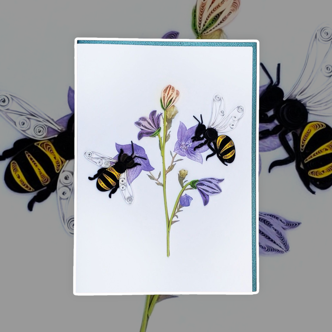 Buzzing Love – Bees & Bluebells| Quilled Greeting Card - Handmade