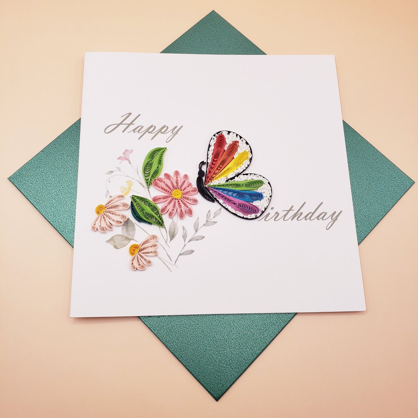 Happy Birthday - Butterfly and Flowers | Quilled Greeting Card - Handmade