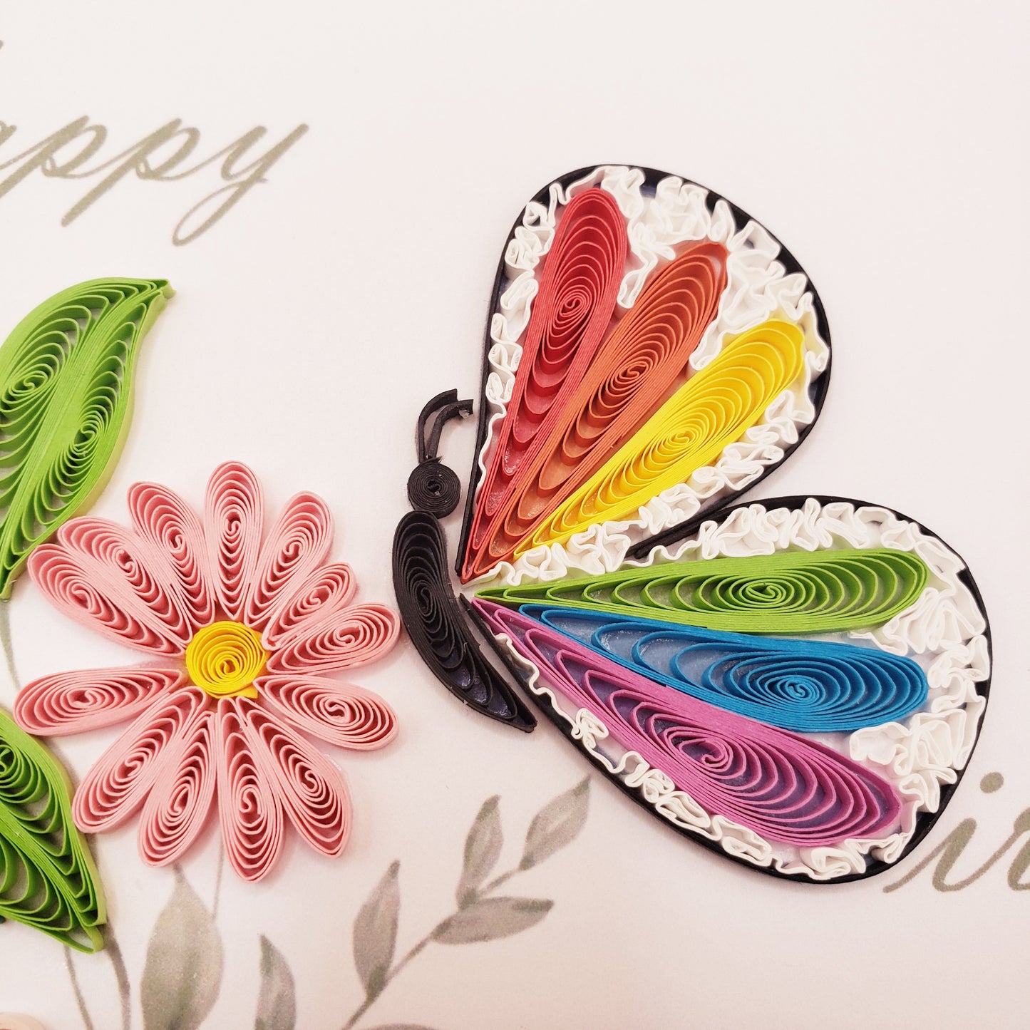 Happy Birthday - Butterfly and Flowers | Quilled Greeting Card - Handmade