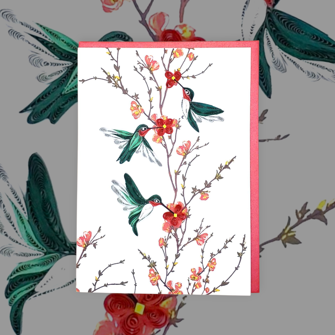 Nature-Inspired Quilled Greeting Card – Trio of Red-Throated Hummingbird with Blossoms