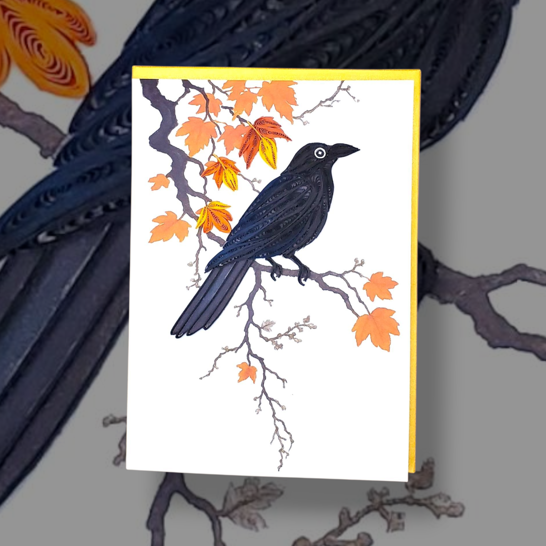 Autumn Crow on Maple Branch – Handmade Quilling Card