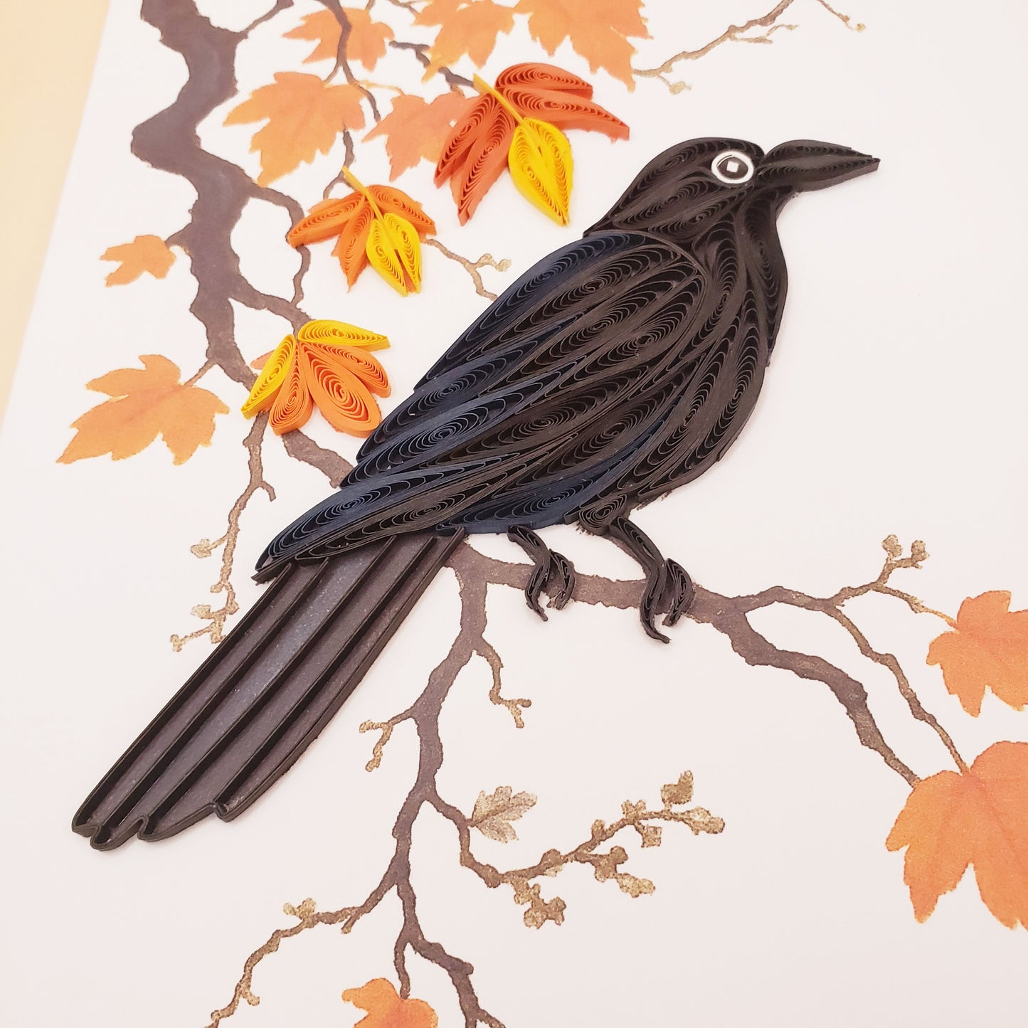Autumn Crow on Maple Branch – Handmade Quilling Card