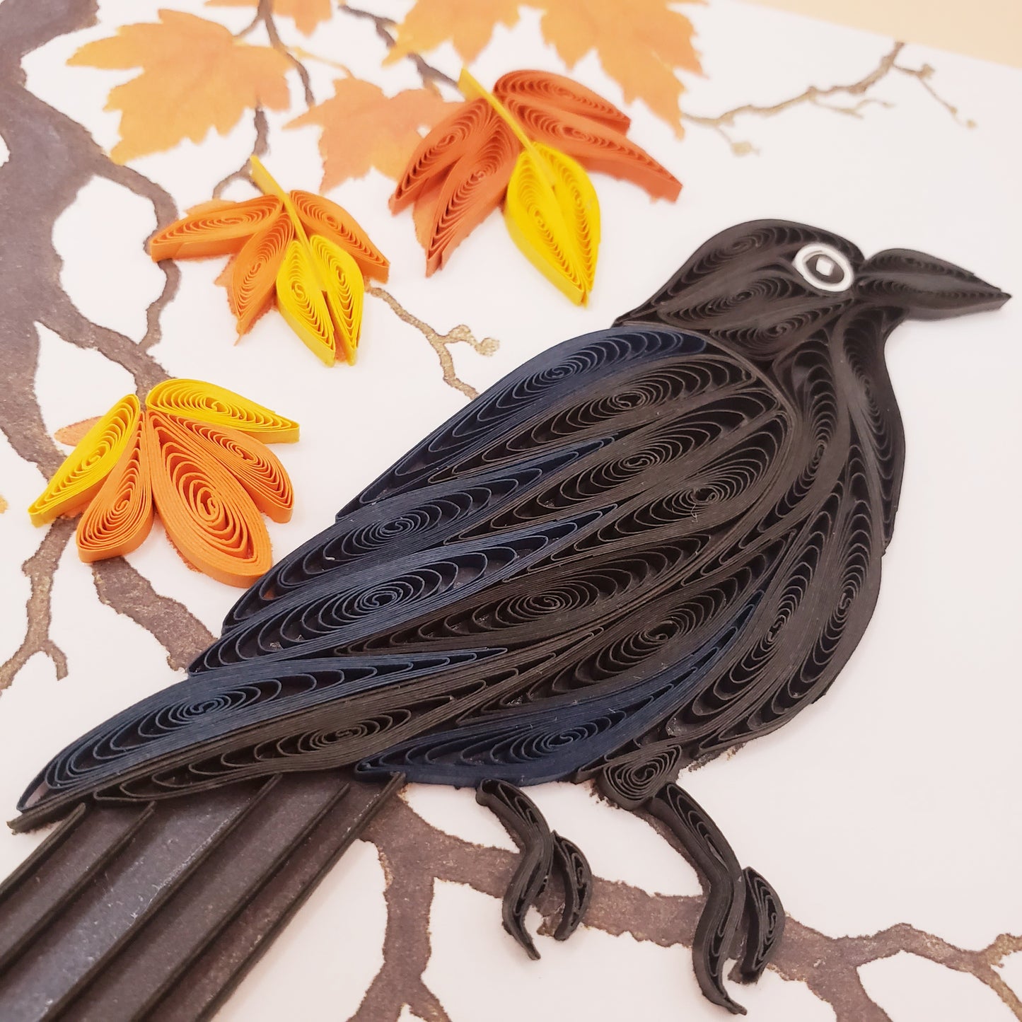 Autumn Crow on Maple Branch – Handmade Quilling Card