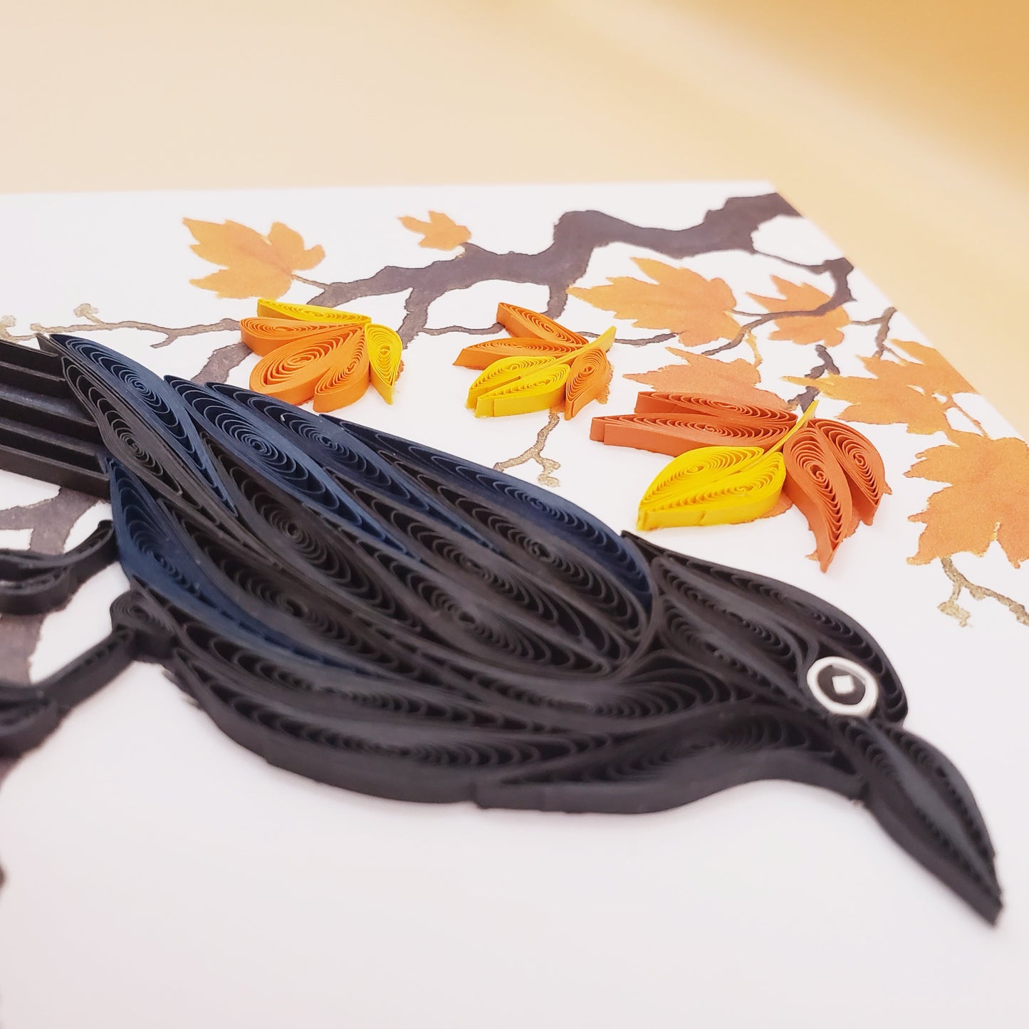 Autumn Crow on Maple Branch – Handmade Quilling Card