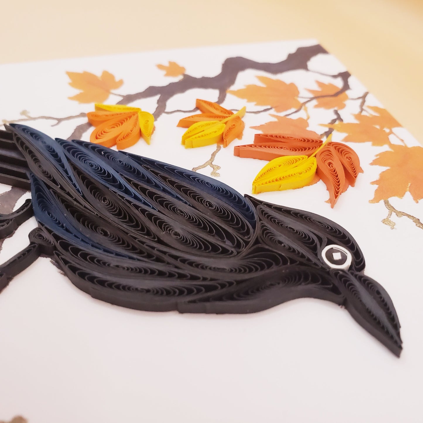 Autumn Crow on Maple Branch – Handmade Quilling Card