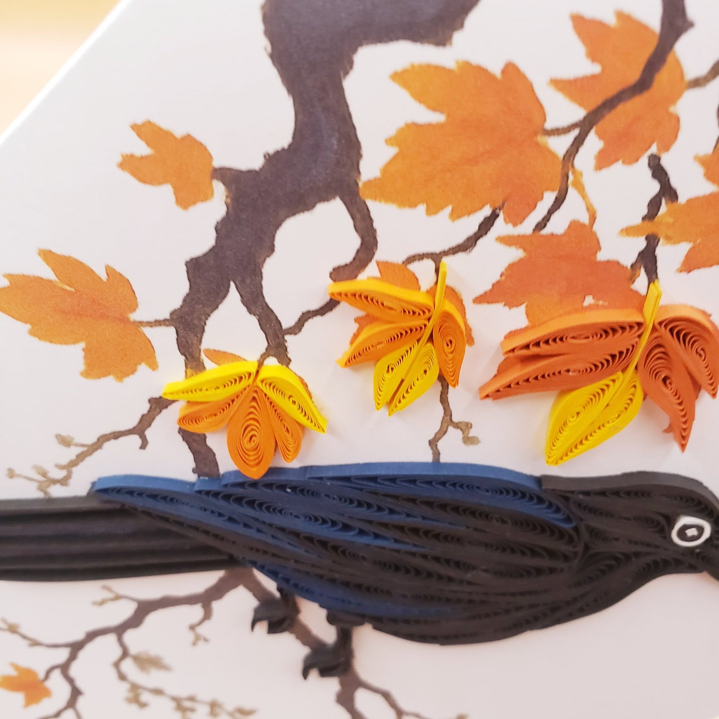 Autumn Crow on Maple Branch – Handmade Quilling Card
