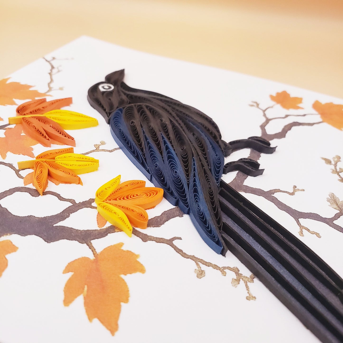 Autumn Crow on Maple Branch – Handmade Quilling Card