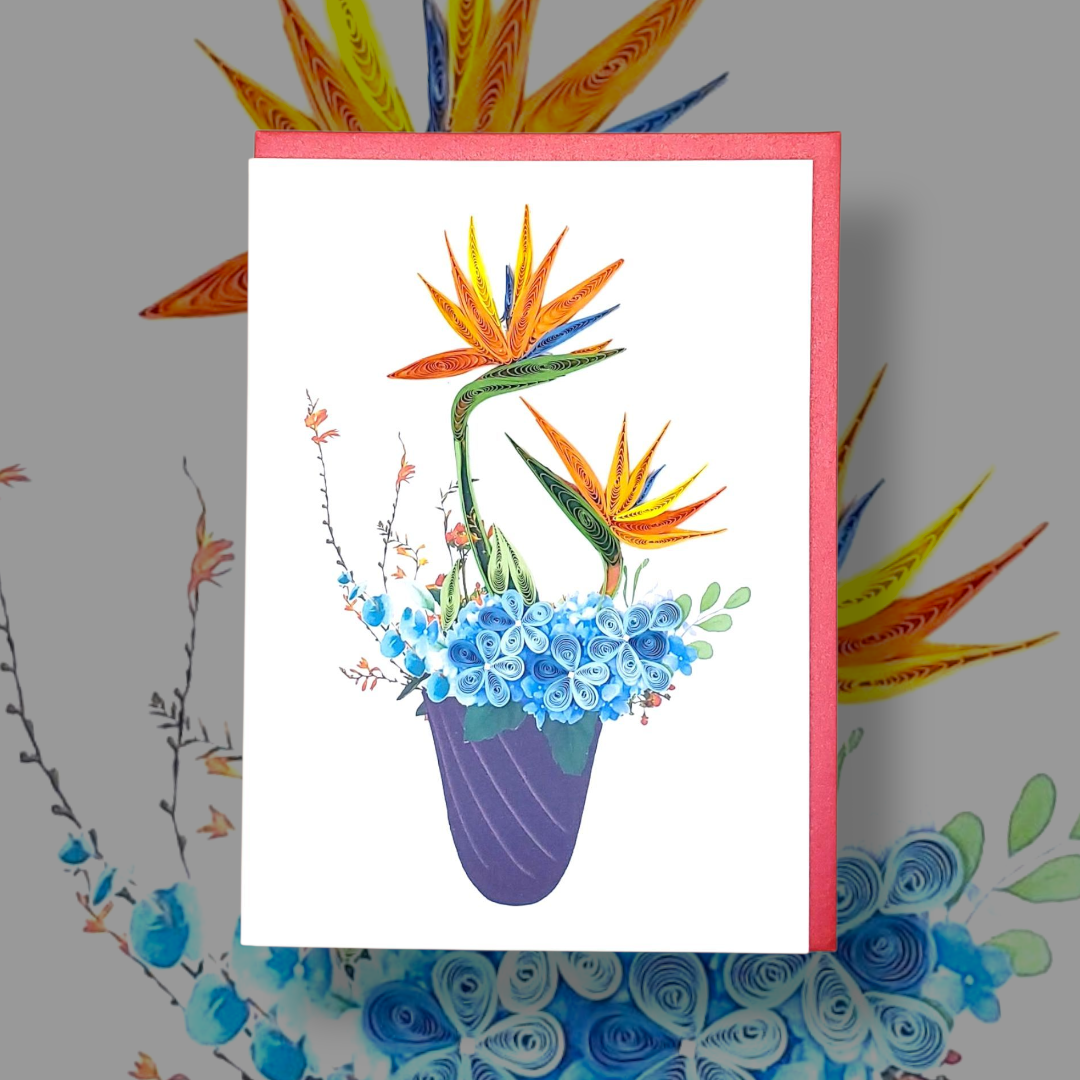 Bright & Elegant Bird of Paradise Vase – Handmade Quilling Card