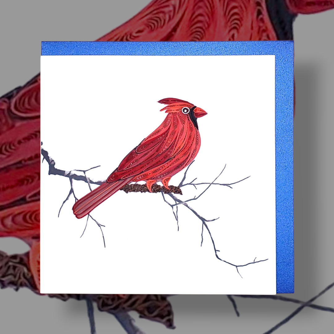 Quilled Paper Art Card – Red Cardinal Bird in Snowy Winter Scene