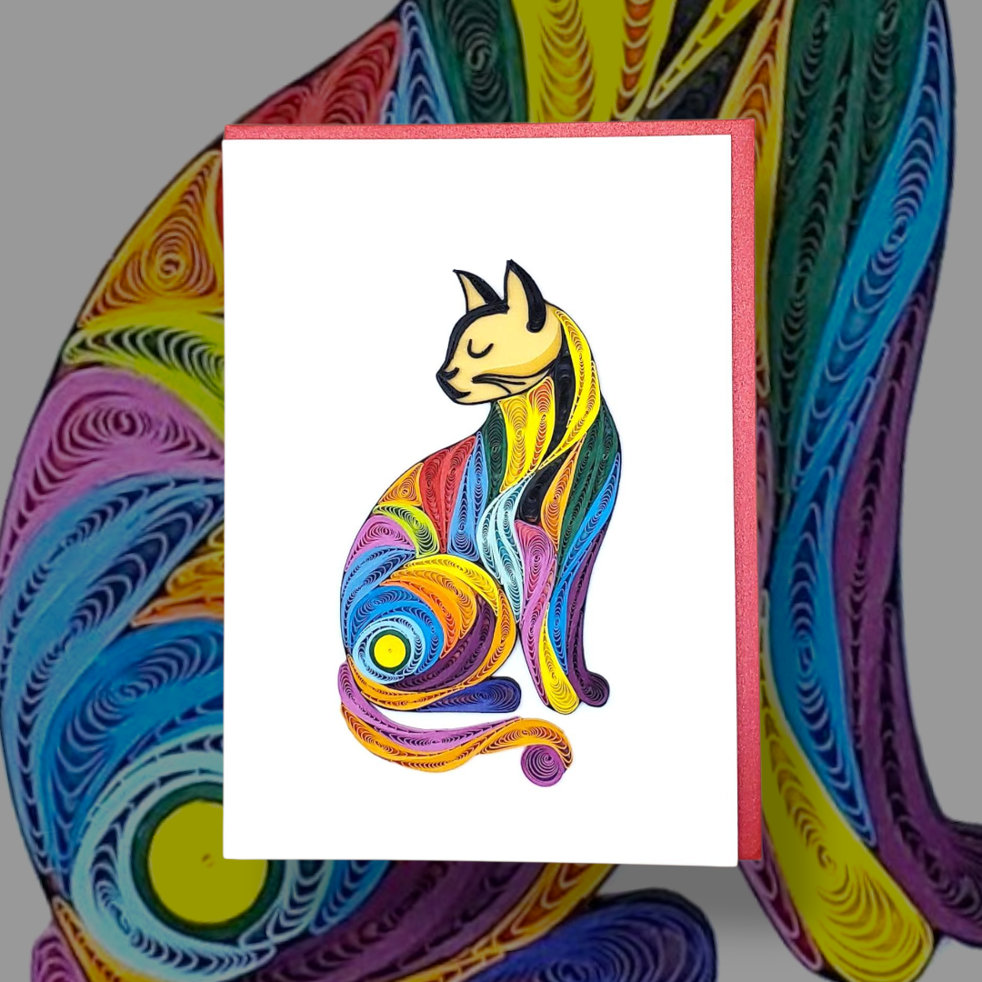 Handmade Quilling Card – Elegant Decorative Cat in Vibrant Colors