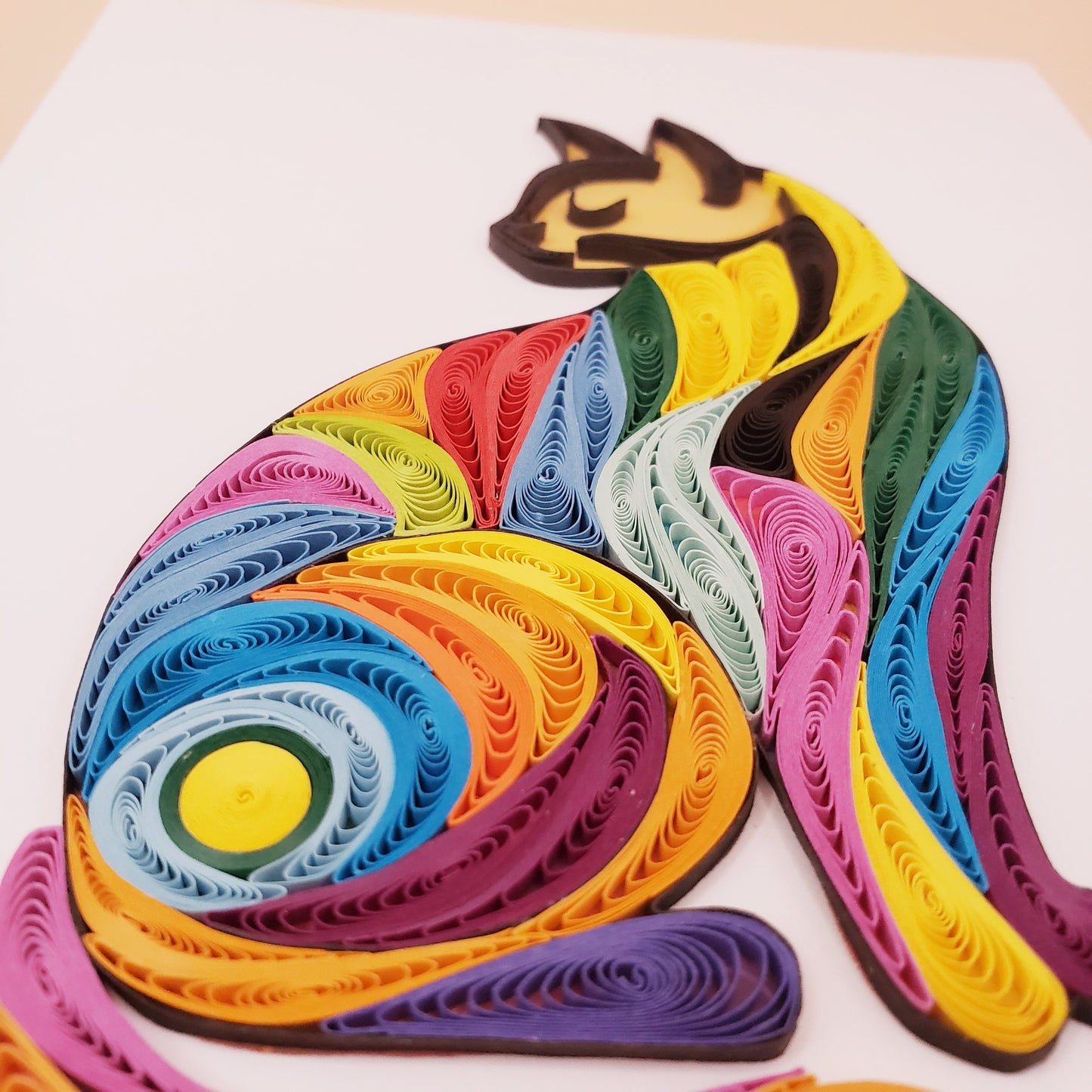 Handmade Quilling Card – Elegant Decorative Cat in Vibrant Colors