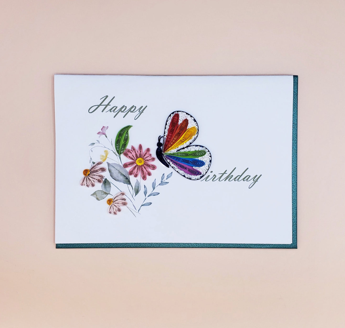 Happy Birthday - Butterfly and Flowers | Quilled Greeting Card - Handmade