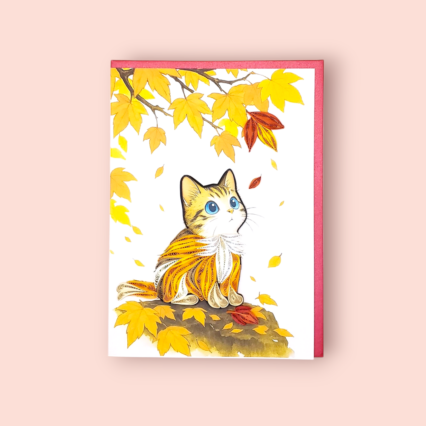 Quilled Paper Art Card – Cat and Falling Leaf, Autumn Theme