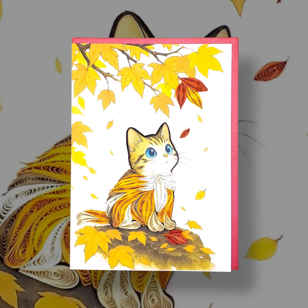 Quilled Paper Art Card – Cat and Falling Leaf, Autumn Theme