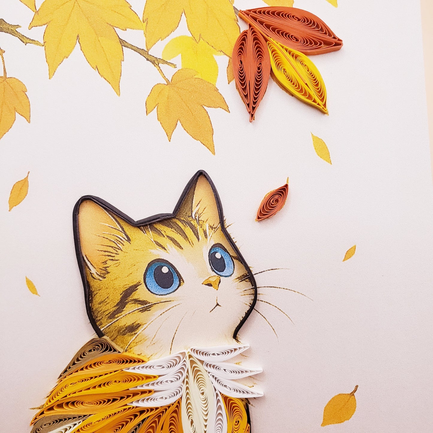 Quilled Paper Art Card – Cat and Falling Leaf, Autumn Theme