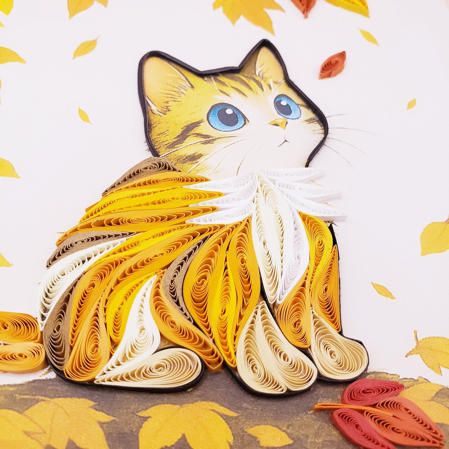 Quilled Paper Art Card – Cat and Falling Leaf, Autumn Theme