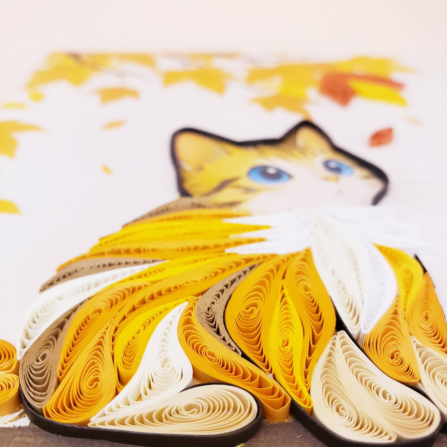 Quilled Paper Art Card – Cat and Falling Leaf, Autumn Theme