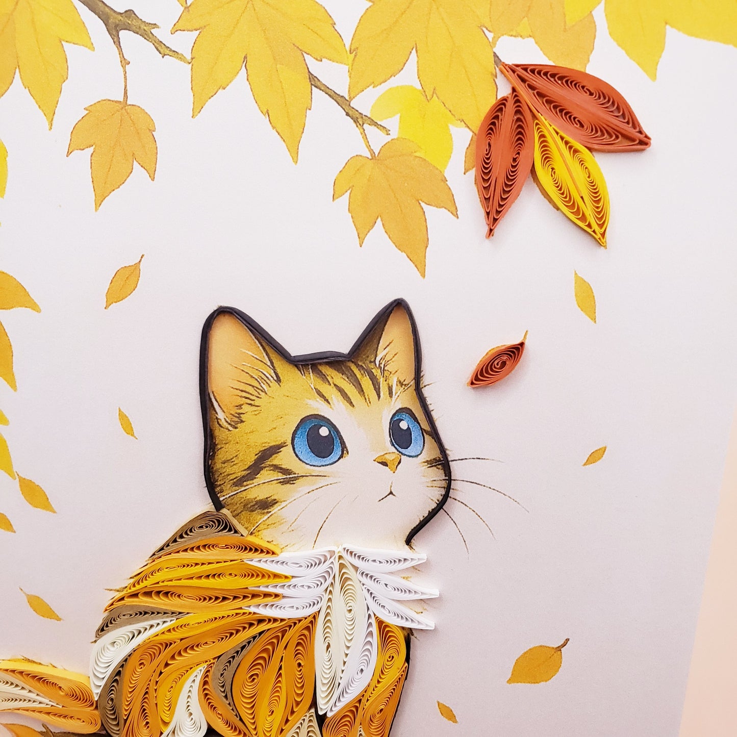 Quilled Paper Art Card – Cat and Falling Leaf, Autumn Theme