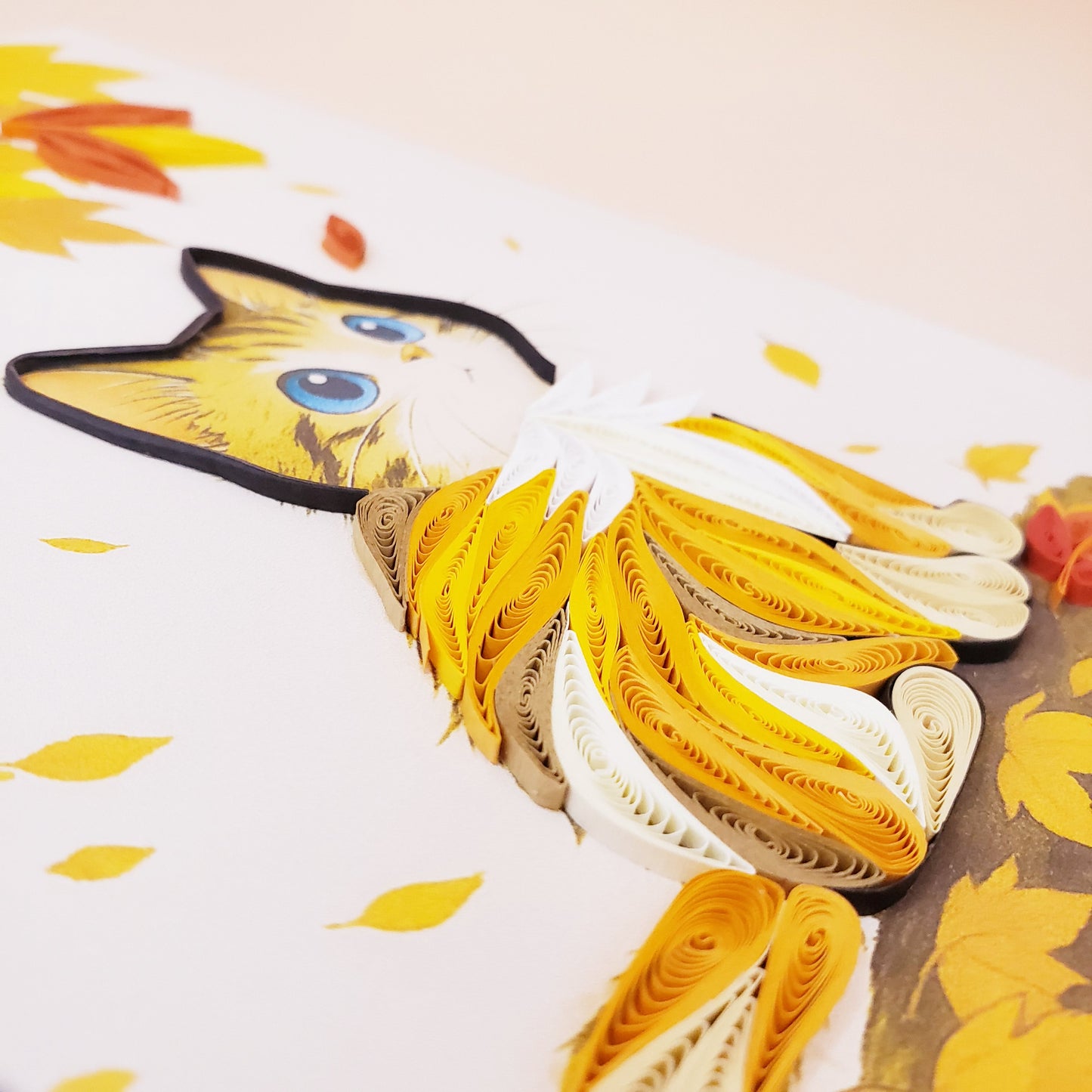 Quilled Paper Art Card – Cat and Falling Leaf, Autumn Theme