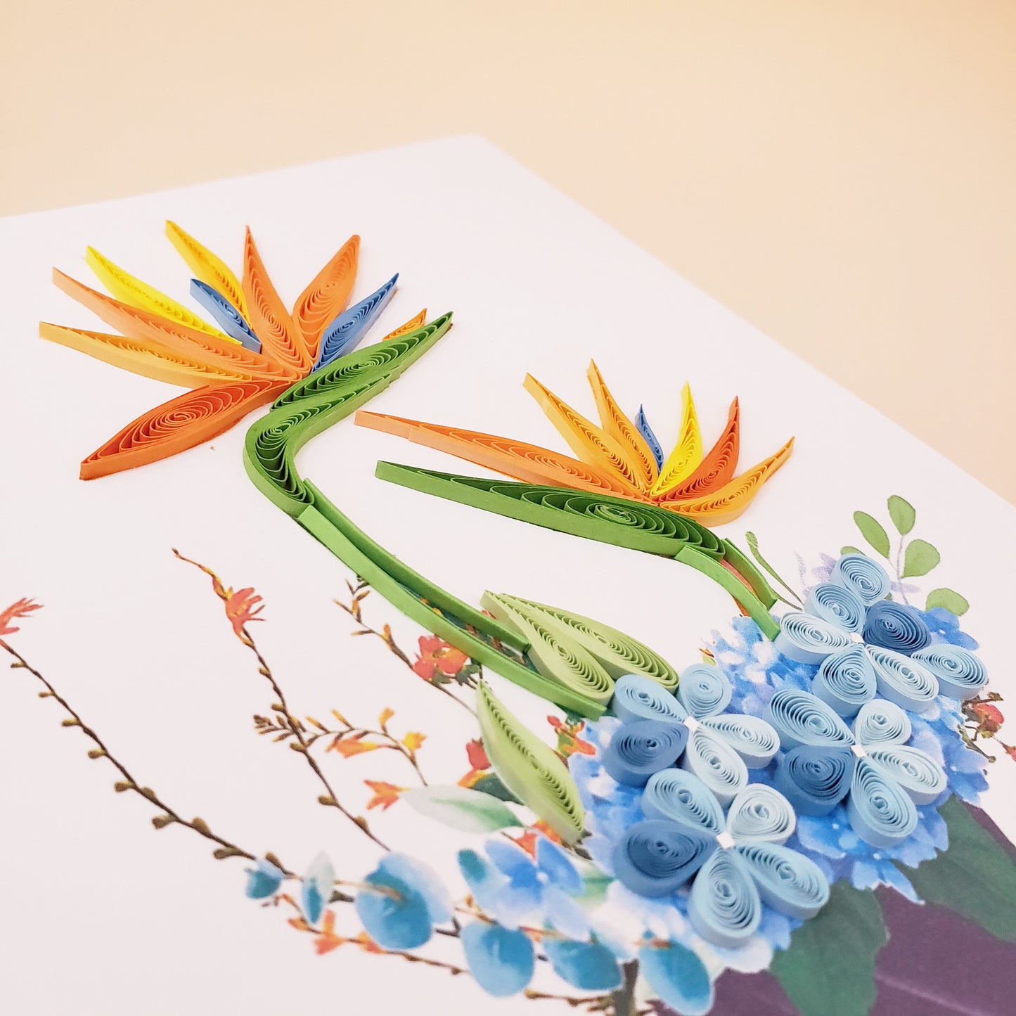 Bright & Elegant Bird of Paradise Vase – Handmade Quilling Card