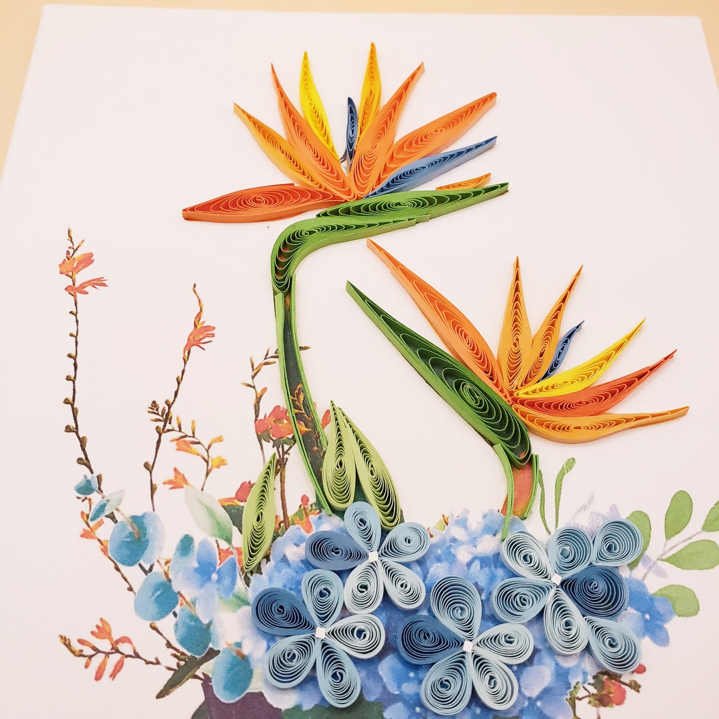Bright & Elegant Bird of Paradise Vase – Handmade Quilling Card