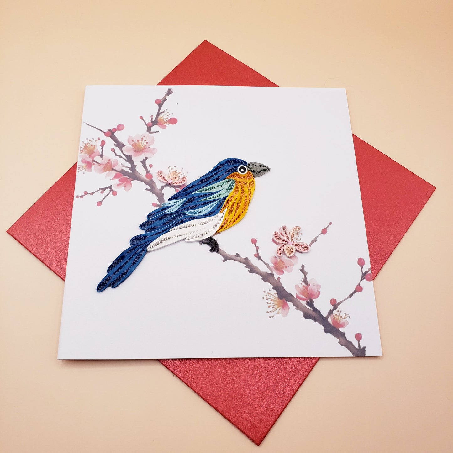 Eastern Bluebird on Cherry Blossom Branch | Quilled Greeting Card - Handmade