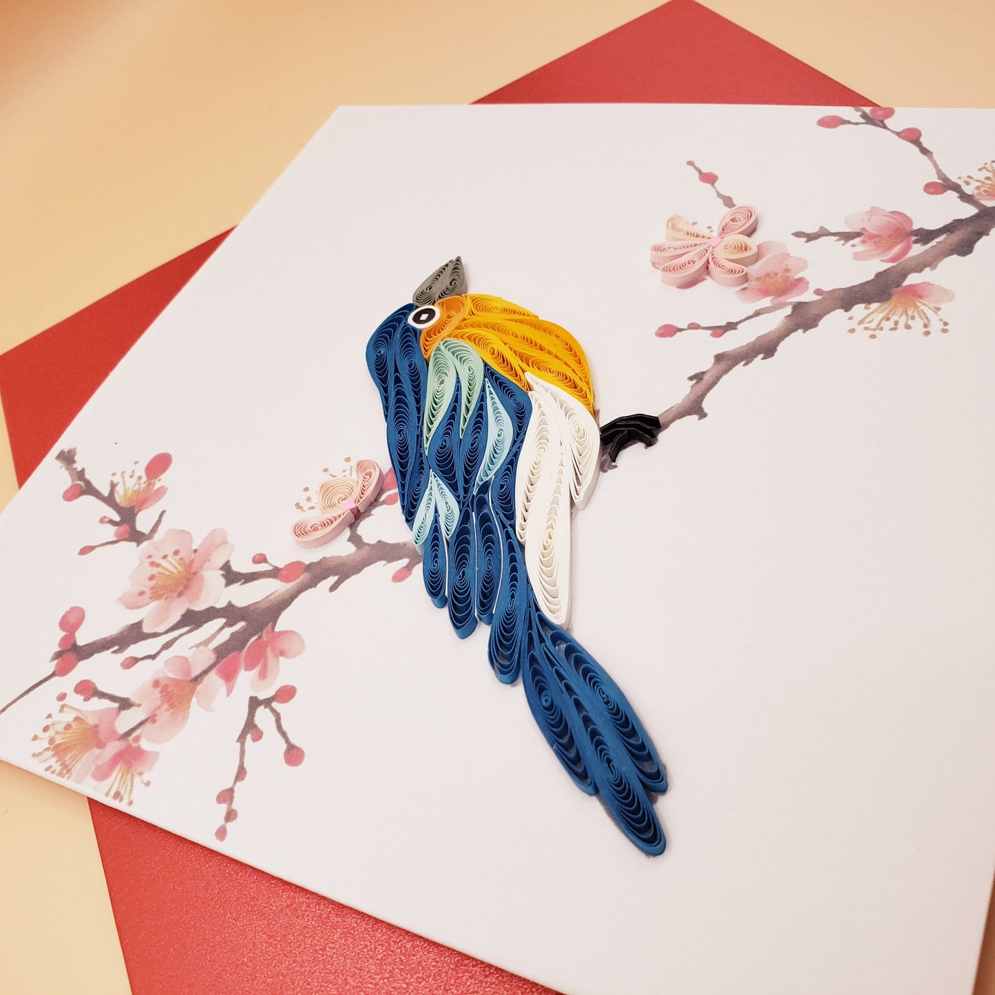 Eastern Bluebird on Cherry Blossom Branch | Quilled Greeting Card - Handmade