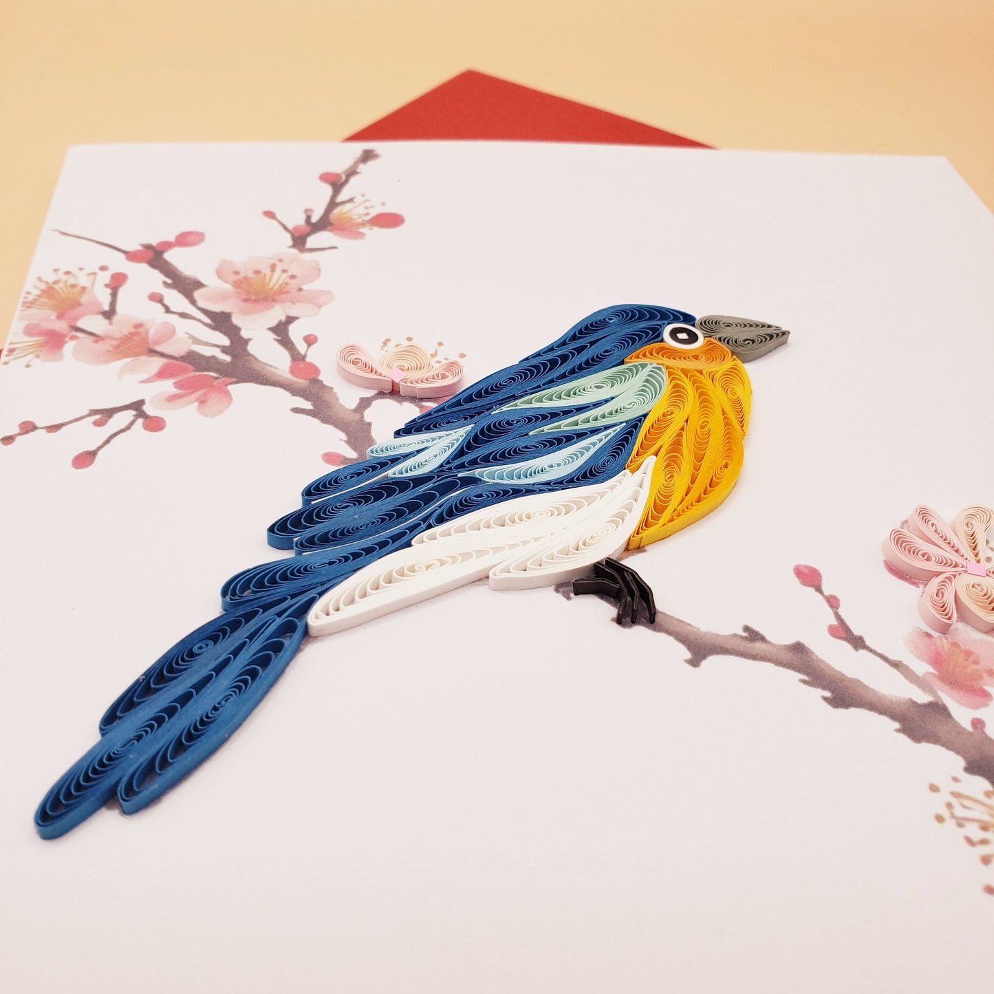 Eastern Bluebird on Cherry Blossom Branch | Quilled Greeting Card - Handmade