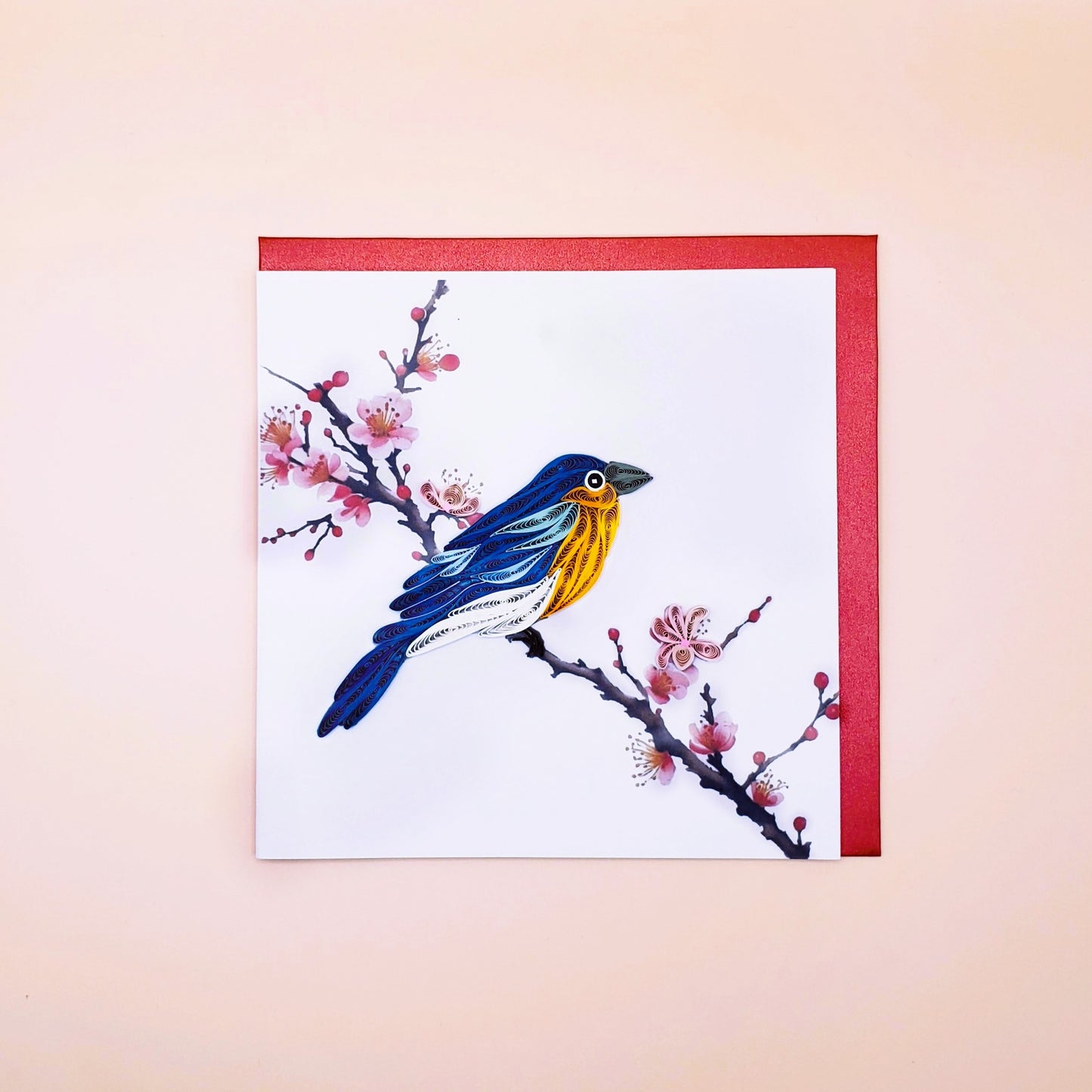 Eastern Bluebird on Cherry Blossom Branch | Quilled Greeting Card - Handmade