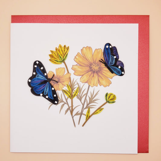 Pair of Butterflies with Yellow Flowers Quilled Card