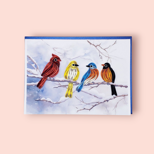 Winter Birds Gathering | Quilled Greeting Card - Handmade