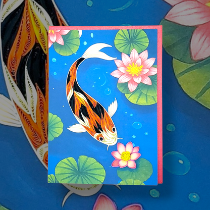 Koi Fish Greeting Card – Handmade Quilled Artwork, Symbol of Luck & Prosperity