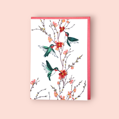 Nature-Inspired Quilled Greeting Card – Trio of Red-Throated Hummingbird with Blossoms