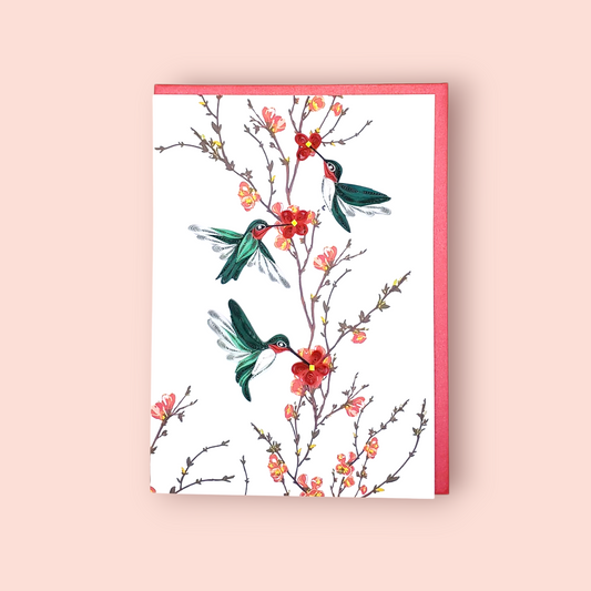 Nature-Inspired Quilled Greeting Card – Trio of Red-Throated Hummingbird with Blossoms