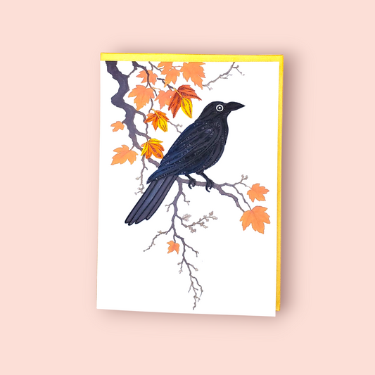Autumn Crow on Maple Branch – Handmade Quilling Card