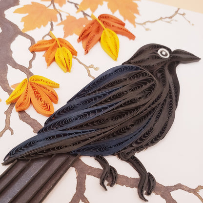 Autumn Crow on Maple Branch – Handmade Quilling Card