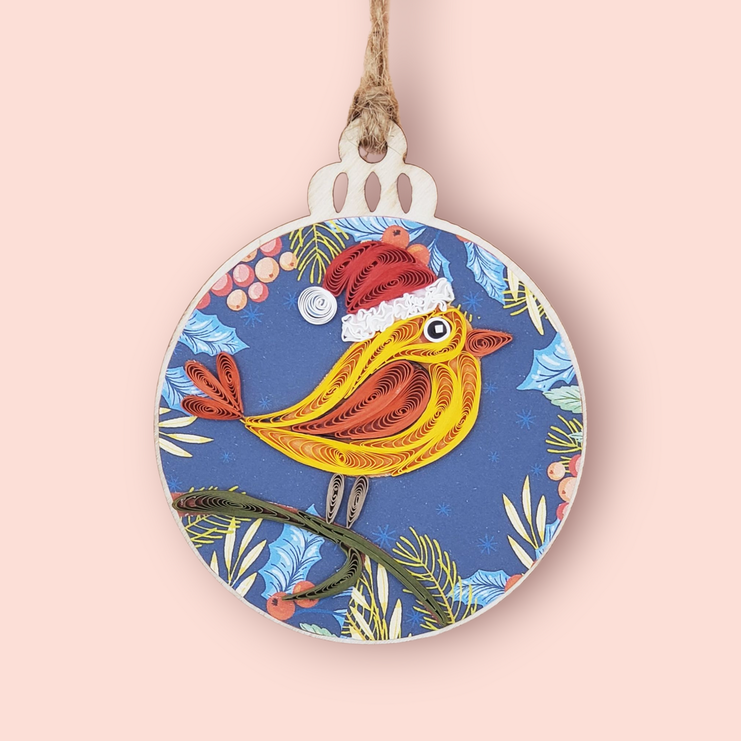 Handmade Quilling Ornament – Festive Bird with Christmas Hat