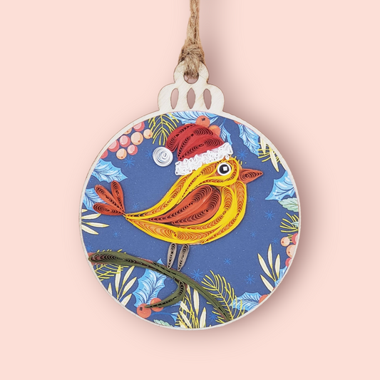 Handmade Quilling Ornament – Festive Bird with Christmas Hat