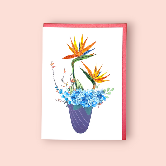 Bright & Elegant Bird of Paradise Vase – Handmade Quilling Card