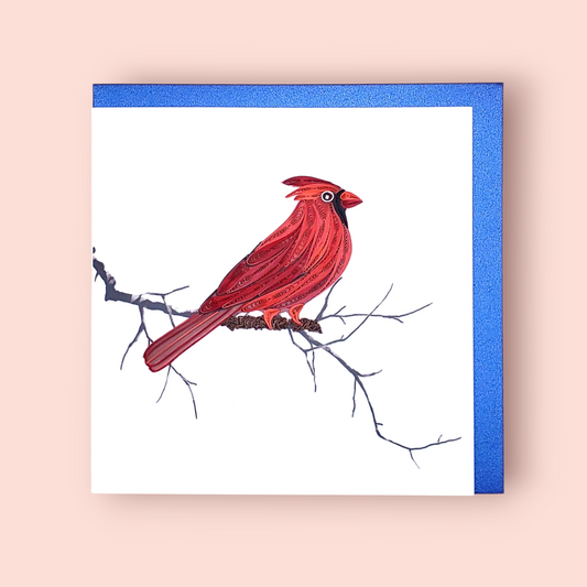 Quilled Paper Art Card – Red Cardinal Bird in Snowy Winter Scene
