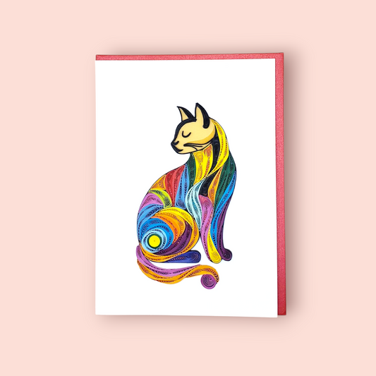 Handmade Quilling Card – Elegant Decorative Cat in Vibrant Colors