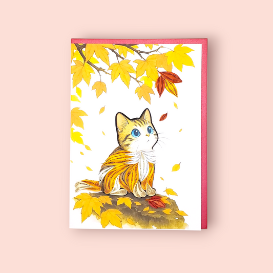 Quilled Paper Art Card – Cat and Falling Leaf, Autumn Theme
