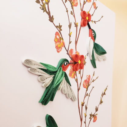 Nature-Inspired Quilled Greeting Card – Trio of Red-Throated Hummingbird with Blossoms