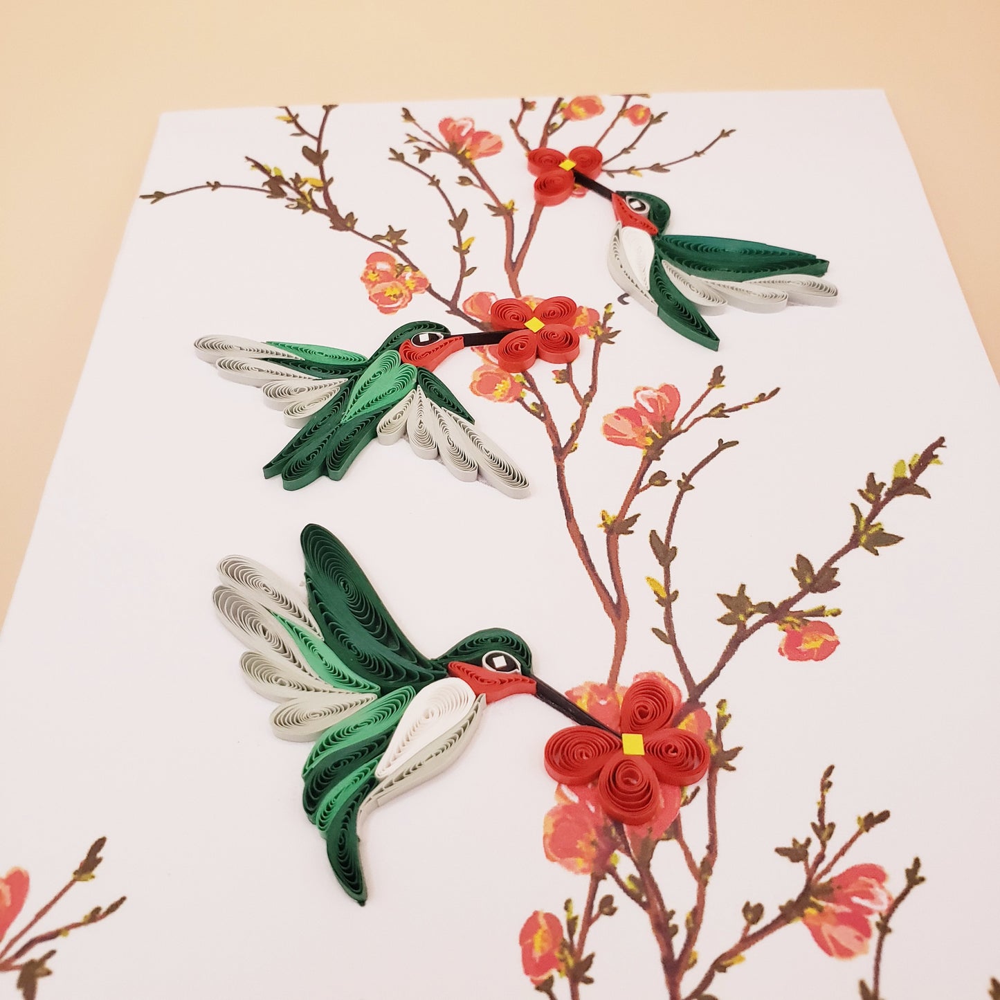 Nature-Inspired Quilled Greeting Card – Trio of Red-Throated Hummingbird with Blossoms