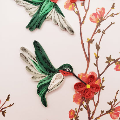 Nature-Inspired Quilled Greeting Card – Trio of Red-Throated Hummingbird with Blossoms