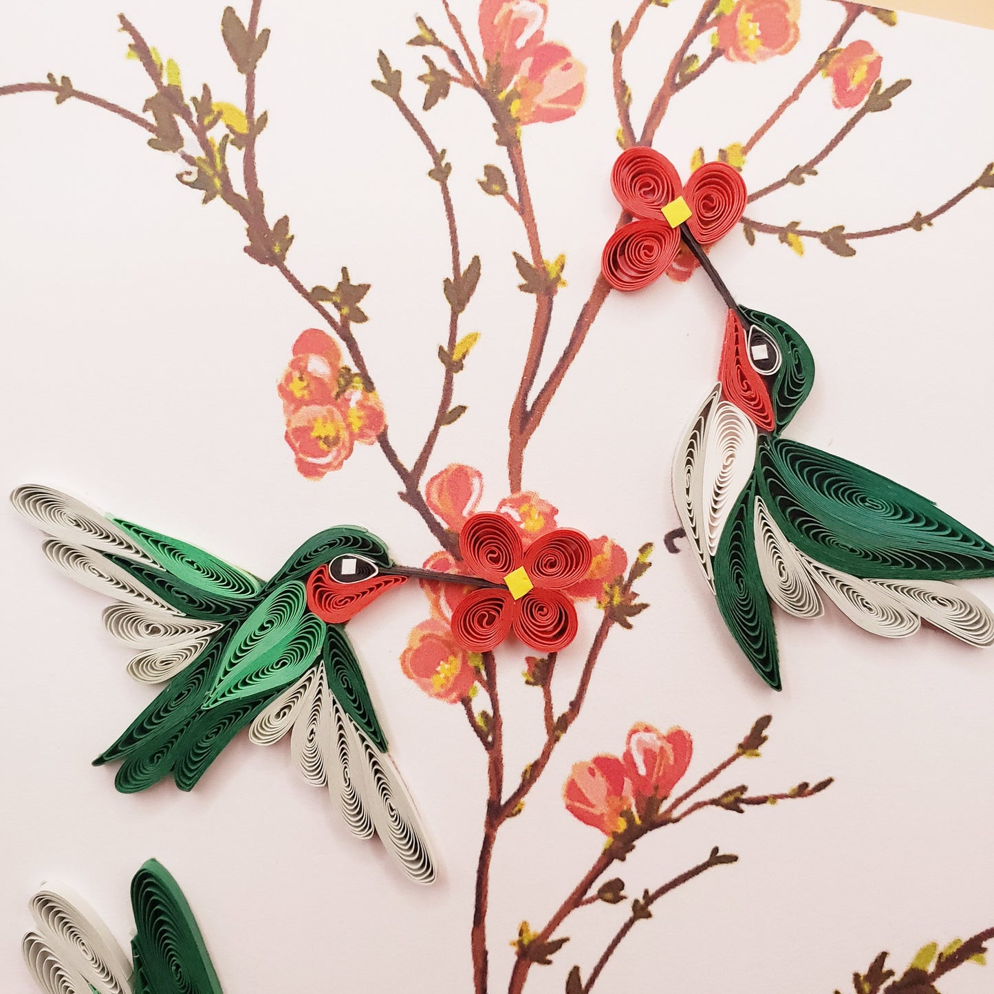 Nature-Inspired Quilled Greeting Card – Trio of Red-Throated Hummingbird with Blossoms