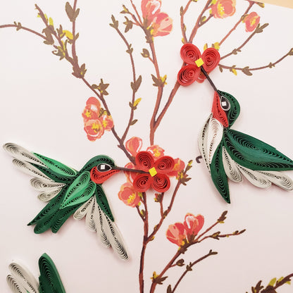 Nature-Inspired Quilled Greeting Card – Trio of Red-Throated Hummingbird with Blossoms