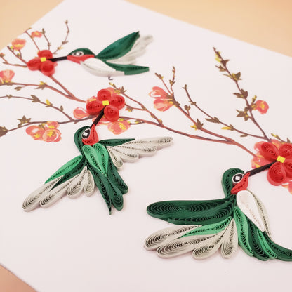 Nature-Inspired Quilled Greeting Card – Trio of Red-Throated Hummingbird with Blossoms