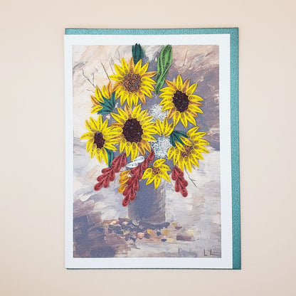 A Vase of Sunflowers | Oil-Painting Recreation in Quilling Card